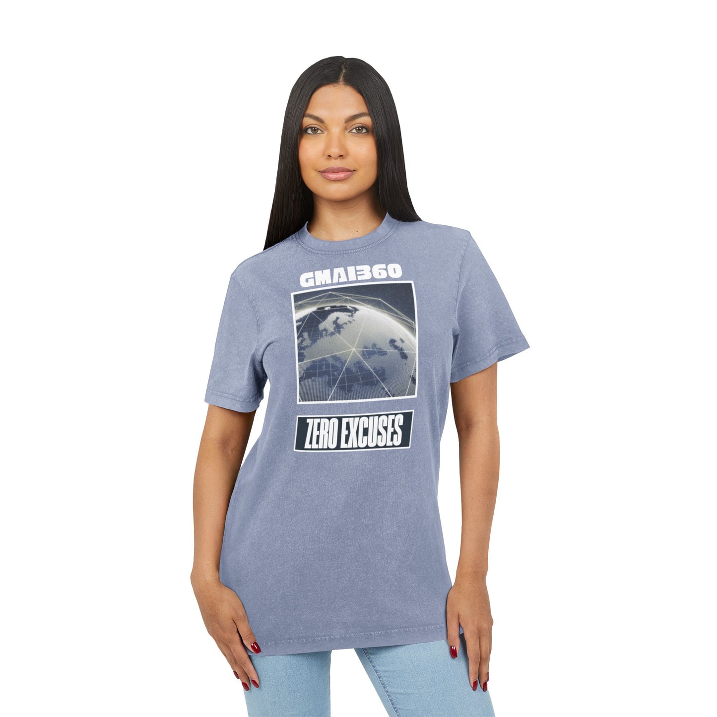 Acid Wash Graphic Tee — "GMAI360" Globe Design with "Zero Excuses" Slogan