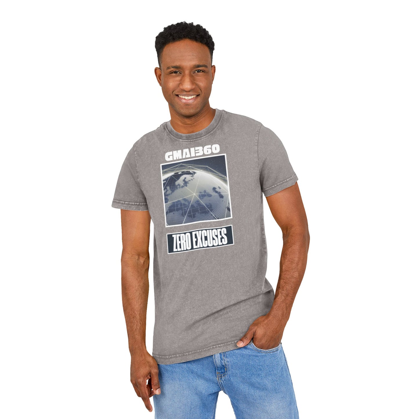 Acid Wash Graphic Tee — "GMAI360" Globe Design with "Zero Excuses" Slogan